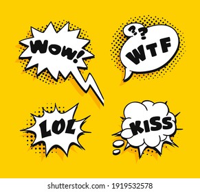 Pop art speech bubble drawing with text. Cartoon style vector collection of frames. Comic illustration on color background