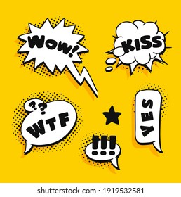 Dibujo de burbuja de discursos de arte pop con texto. Colección vectorial de cuadros con estilo de dibujos animados. Ilustración cómica sobre fondo de color