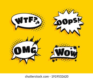 Pop Art Sprache Blase Zeichnung mit Text. Cartoon-Stil Vektorgrafik von Frames. Comicgrafik auf Farbhintergrund