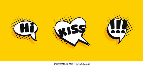Pop art speech bubble drawing with text. Cartoon style vector collection of frames. Comic illustration on color background