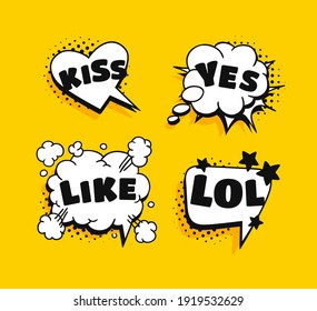 Pop art speech bubble drawing with text. Cartoon style vector collection of frames. Comic illustration on color background