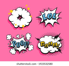 Pop art speech bubble drawing with text. Cartoon style vector collection of frames. Comic illustration on color background
