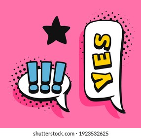 Pop art speech bubble drawing with text. Cartoon style vector collection of frames. Comic illustration on color background