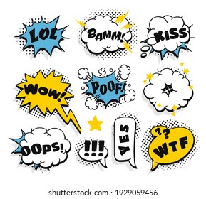 Pop Art Speech Bubble Drawing With Text. Cartoon Style Vector Collection Of Frames. Comic Illustration On Color Background