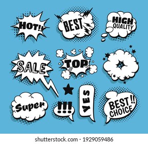 Pop Art Sprache Blase Zeichnung mit Text. Cartoon-Stil Vektorgrafik von Frames. Comicgrafik auf Farbhintergrund