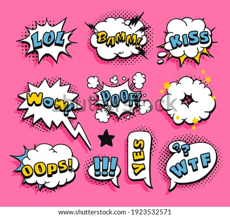 Pop art speech bubble drawing with text. Cartoon style vector collection of frames. Comic illustration on color background