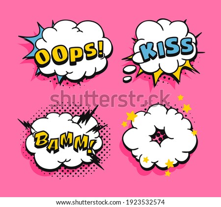 Pop art speech bubble drawing with text. Cartoon style vector collection of frames. Comic illustration on color background