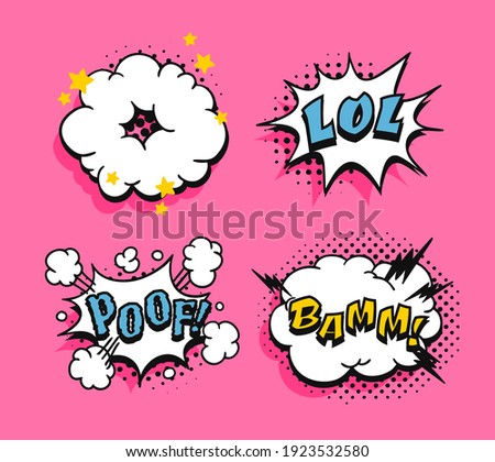 Pop art speech bubble drawing with text. Cartoon style vector collection of frames. Comic illustration on color background