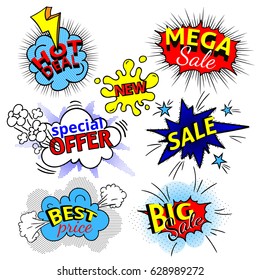 Pop art speech bubble, dynamic crash set. Best price, sale concept in comic style, cartoon. Colorful vector illustration. Special offer on speech bubble.