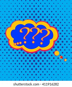 Pop art speech bubble with question mark, perplexity comic book speech bubble, colorful speech bubble with question marks on a dots pattern backgrounds in pop-art retro style, vector