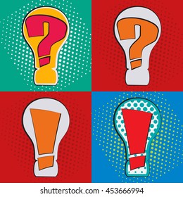 Pop art speech bubble in shape of lightbulb with Question and Exclamation  point, vector