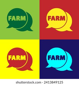 Pop art Speech bubble with text Farm icon isolated on color background.  Vector