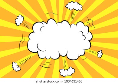 Pop art speech bubble. Yellow rays background and message cloud. Clear blank, design element with empty space for text. Comic bang shape, retro vector illustration 