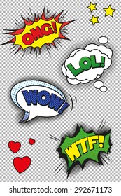 El discurso de arte pop burbuja con LOL, OMG, WOW y WTF. Formato vectorial EPS10