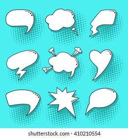 Pop art speech bubbles set with halftone on blue background