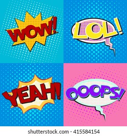 Pop art speech bubbles set with texts Wow Lol Yeah Ooops, vector