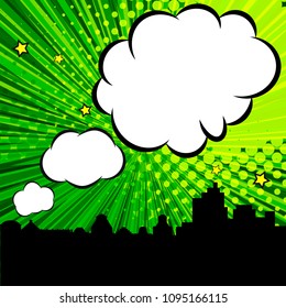 Pop art speech bubbles, silhouettes of skyscrapers, green retro background.
