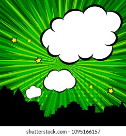 Pop art speech bubbles, silhouettes of skyscrapers, green retro background.