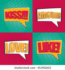 Pop art speech bubbles with texts kiss, Love amour, love, like, colorful comic book speech bubbles set with texts on a dots pattern backgrounds in pop-art retro style, vector