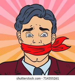 Pop Art Speechless Silenced Businessman. Business Censorship. Vector Illustration