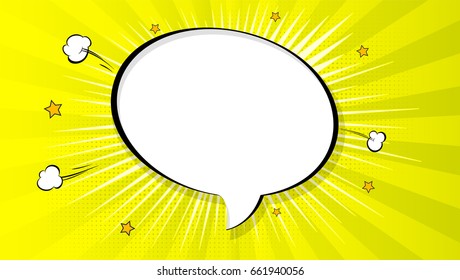 Pop art splash background, explosion in comics book style, blank layout template with halftone dots, clouds beams and isolated dots pattern on yellow backdrop. Vector template for ad, covers, posters.