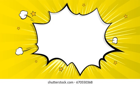 Pop art splash background, explosion in comics book style, blank layout template with halftone dots, clouds beams and isolated dots pattern on yellow backdrop. Vector template for ad, covers, posters.