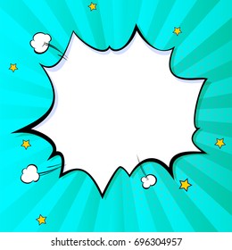 Pop art splash background, explosion in comics book style, blank layout template with halftone dots, comic bubble. Clouds beams and isolated dots pattern. Thoughts bubble in pop art comics style.