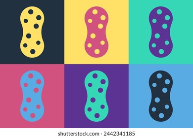 Esponja del arte pop con el icono de las burbujas aislado en el fondo del color. Trago de soplo para lavar platos. Logotipo del servicio de limpieza.  Vector
