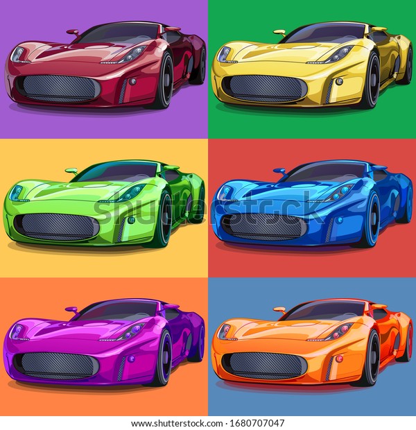 Pop art sports cars. Six colors : red, yellow,\
green, blue, purple and\
orange.