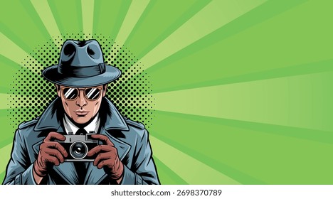 A pop art spy with a camera. Comic book style pop art