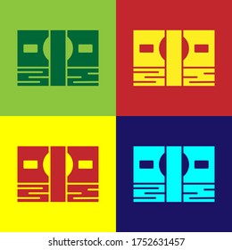 Pop art Stacks paper money cash icon isolated on color background. Money banknotes stacks. Bill currency. Vector Illustration