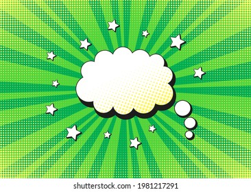 Pop art starburst background. Comic halftone pattern. Cartoon texture with speech bubble, dots and beams. Vintage sunburst effect. Green duotone banner. Vector illustration. Superhero gradient design.