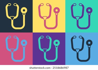 Pop art Stethoscope medical instrument icon isolated on color background.  Vector