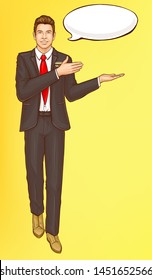 Pop Art Steward, Flight Attendant, Air Hostess Man In Strict Black Suit, White Shirt, Red Tie And Speak Cloud Invite And Welcome Passengers, Vector Illustration On Yellow Background, Retro Comic Style