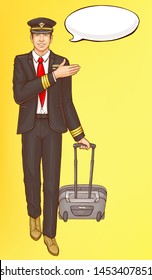Pop art steward, flight attendant, air hostess man in strict black suit, white shirt, peaked cap with suitcase and speak cloud invite and welcome passengers, vector Illustration on yellow background