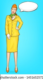 Pop Art Stewardess, Flight Attendant, Air Hostess Girl In Yellow Uniform With Cap, Green Handkerchief And Speak Cloud. Airline Ad Campaign, Vector Illustration On Blue Background In Retro Comic Style