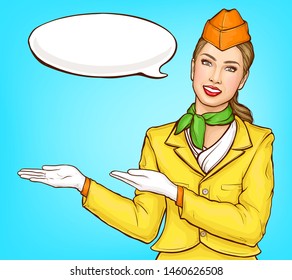 Pop art stewardess, flight attendant, air hostess girl in yellow uniform with cap, green handkerchief and speak cloud. Airline ad campaign, vector Illustration on blue background in retro comic style