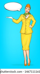 Pop Art Stewardess, Flight Attendant, Air Hostess Girl In Yellow Uniform With Cap, Green Handkerchief And Speak Cloud. Airline Ad Campaign, Vector Illustration On Blue Background In Retro Comic Style