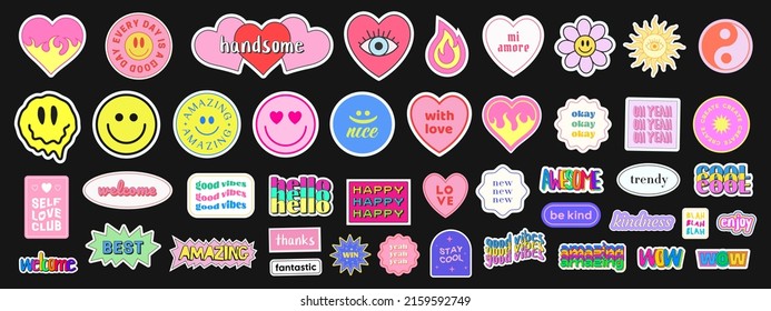 Pop Art Sticker Pack. Collections Of Cute Emoji Smile Badges. Set Of Cool Trendy Patches. - Shutterstock ID 2159592749