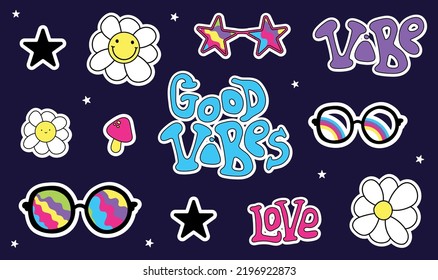 Pop Art Sticker Pack. y2k elements with white edges on dark blue background. Collections Of Cute Emoji Smile Badges.