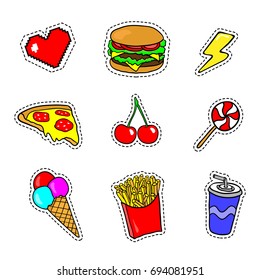 Pop art stickers with fast food, dessert and other elements. Set of pins, patches in cartoon 80s-90s retro comic style.