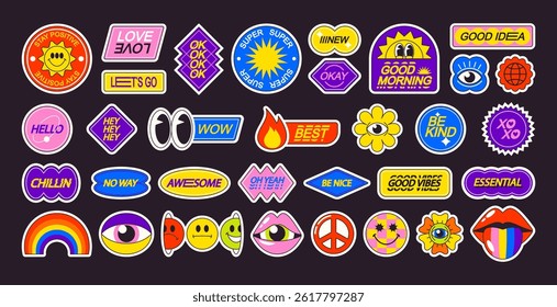 Pop art stickers with funny cute design, comic lettering and humor phrase isolated trendy set