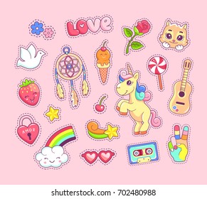 Pop art stickers set comic style with cartoon animals, unicorn, kitten, dreamcatcher, guitar and rainbow
