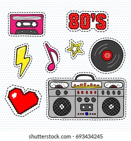 Pop art stickers with tape recorder, cassette, vinyl record and other elements. Set of pins, patches in cartoon 80s-90s retro comic style.