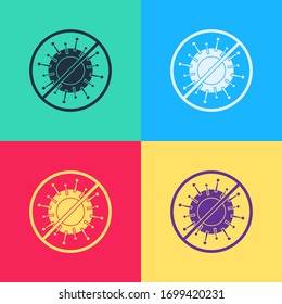 Pop art Stop virus icon isolated on color background. Corona virus 2019-nCoV. Bacteria and germs, cell cancer, microbe, fungi.  Vector Illustration