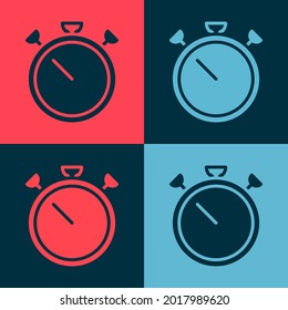 Pop art Stopwatch icon isolated on color background. Time timer sign. Chronometer sign.  Vector