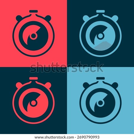 Pop art Stopwatch icon isolated on color background. Time timer sign. Chronometer sign.  Vector