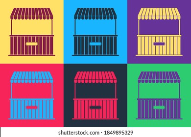 Pop art Street stall with awning and wooden rack icon isolated on color background. Kiosk with wooden rack. Vector.