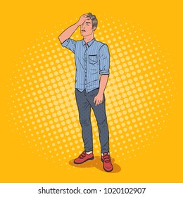 Pop Art Stressed Man Covering his Face with Hand. Negative Emotion Facial Expression. Vector illustration