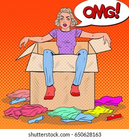 Pop Art Stressed Woman in the Box with Different Clothes. Moving to new House. Vector illustration